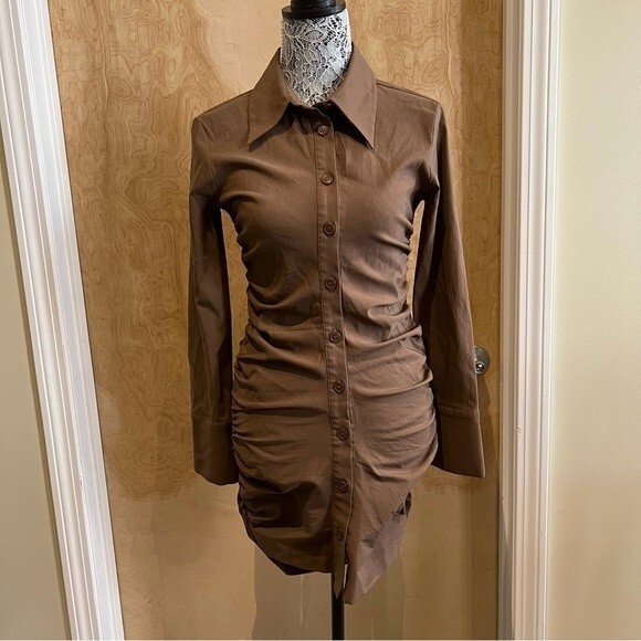 Zara Brown Long Sleeve Button Down Collared Mini Shirt Dress - Size M - Picture 4 of 6